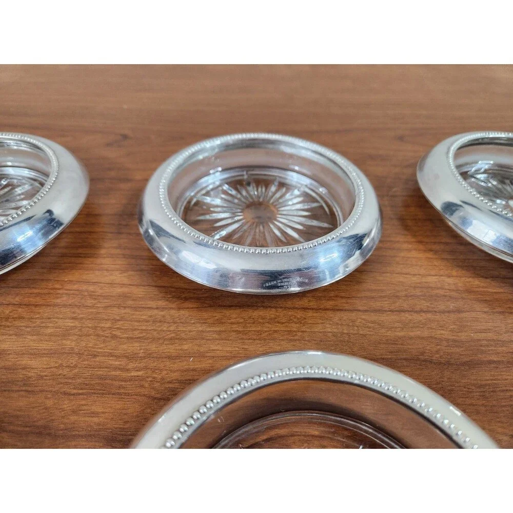 Vintage Set 6 Frank M. Whiting & Co Sterling Silver Glass Coasters #05 Starburst